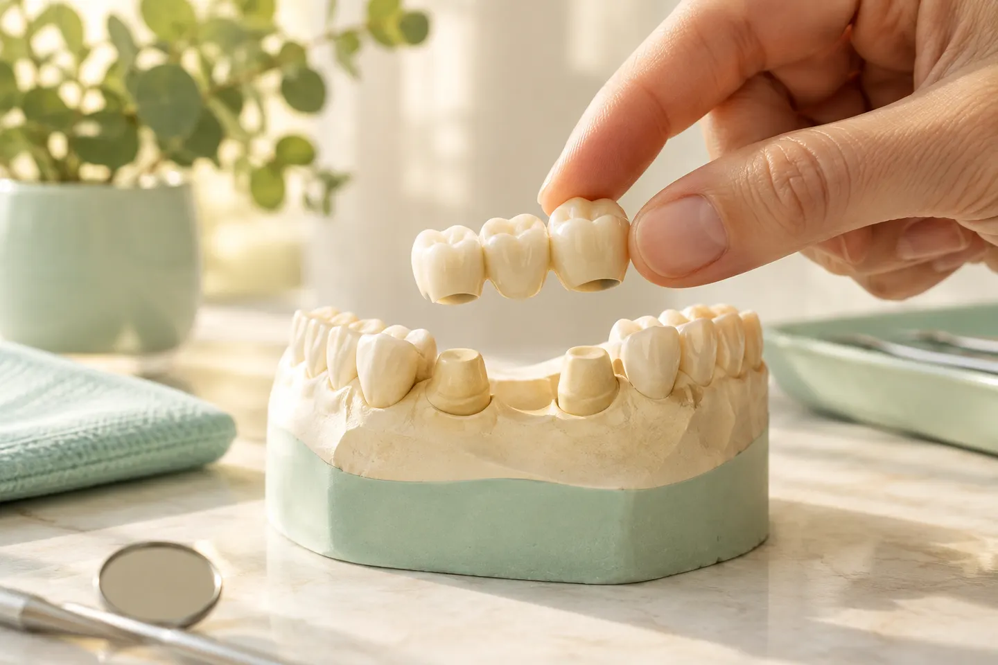 Illustrative image: Dental model showing a three unit bridge replacing a missing tooth