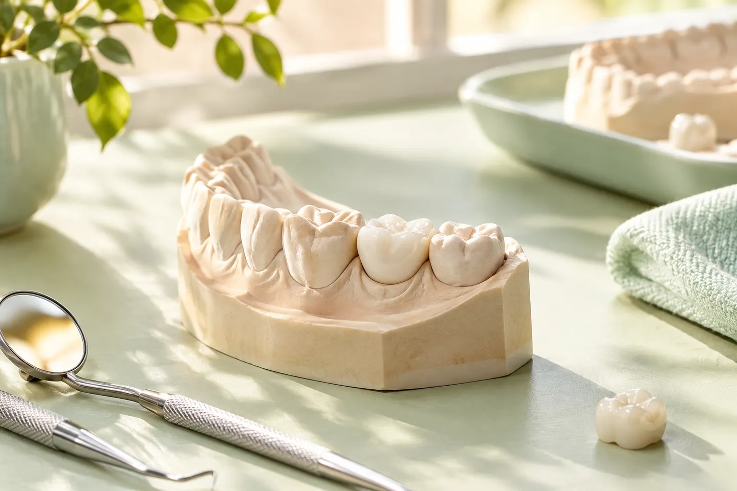 Close view of a natural looking ceramic dental crown beside a dental model