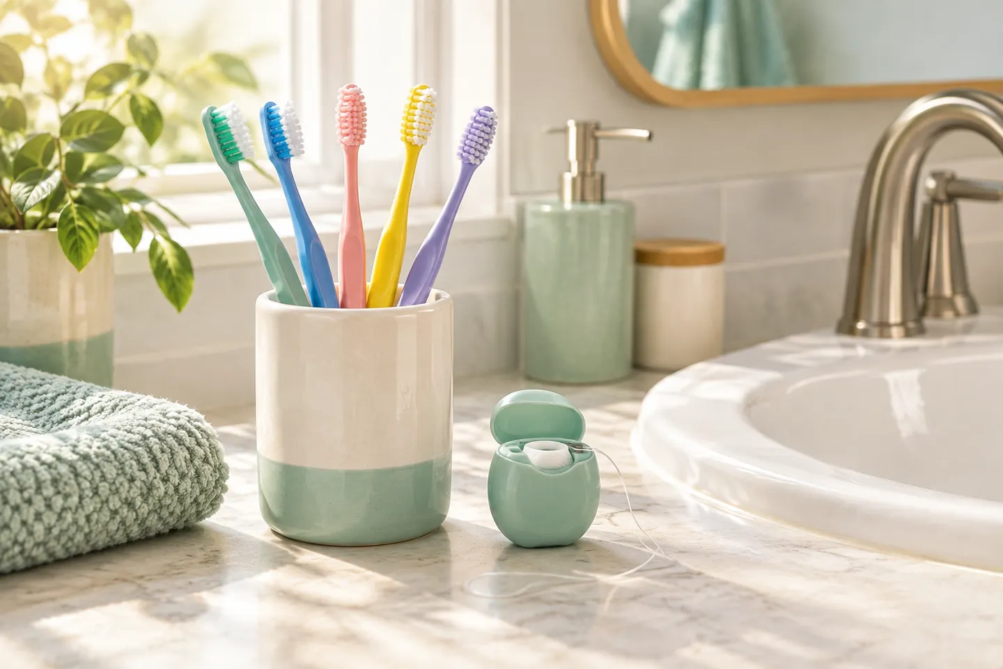 Illustrative image of colorful toothbrushes and dental floss beside a sink