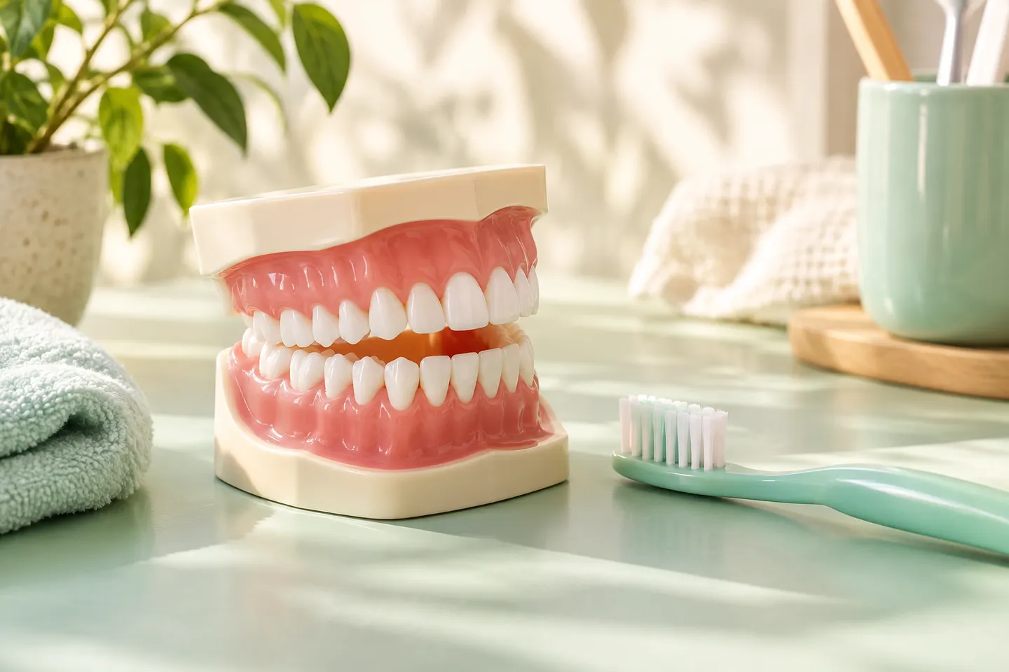 Illustrative image of a gum health teaching model beside a toothbrush