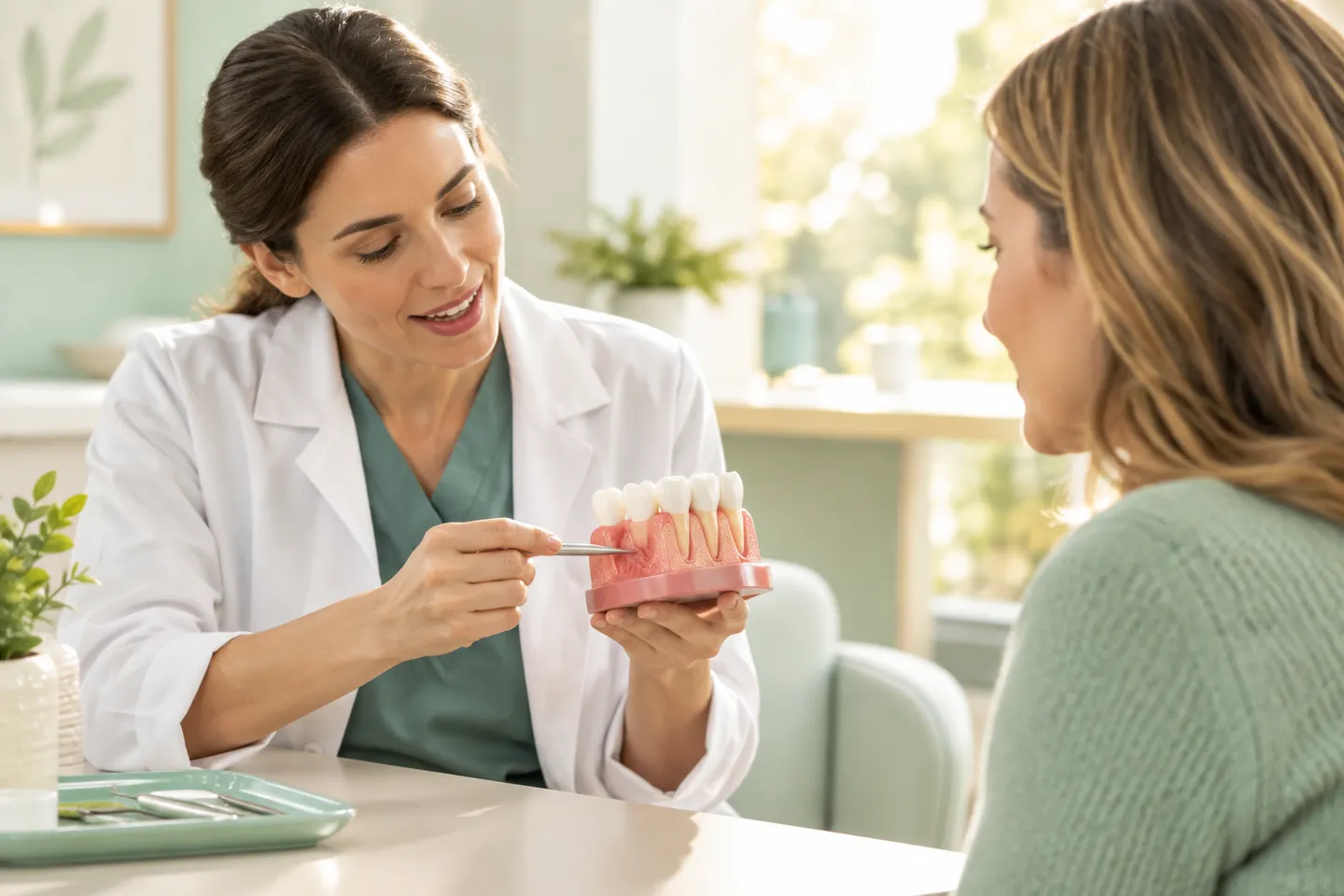 Dentist showing a patient healthy gum tissue on an intraoral camera screen