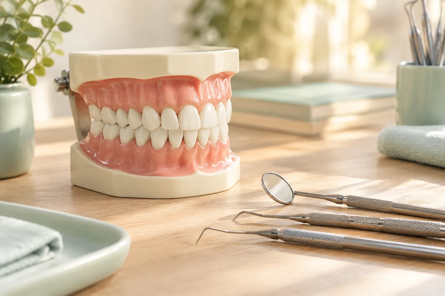 Illustrative image: Hygienist measuring gum pockets with a periodontal probe during an exam