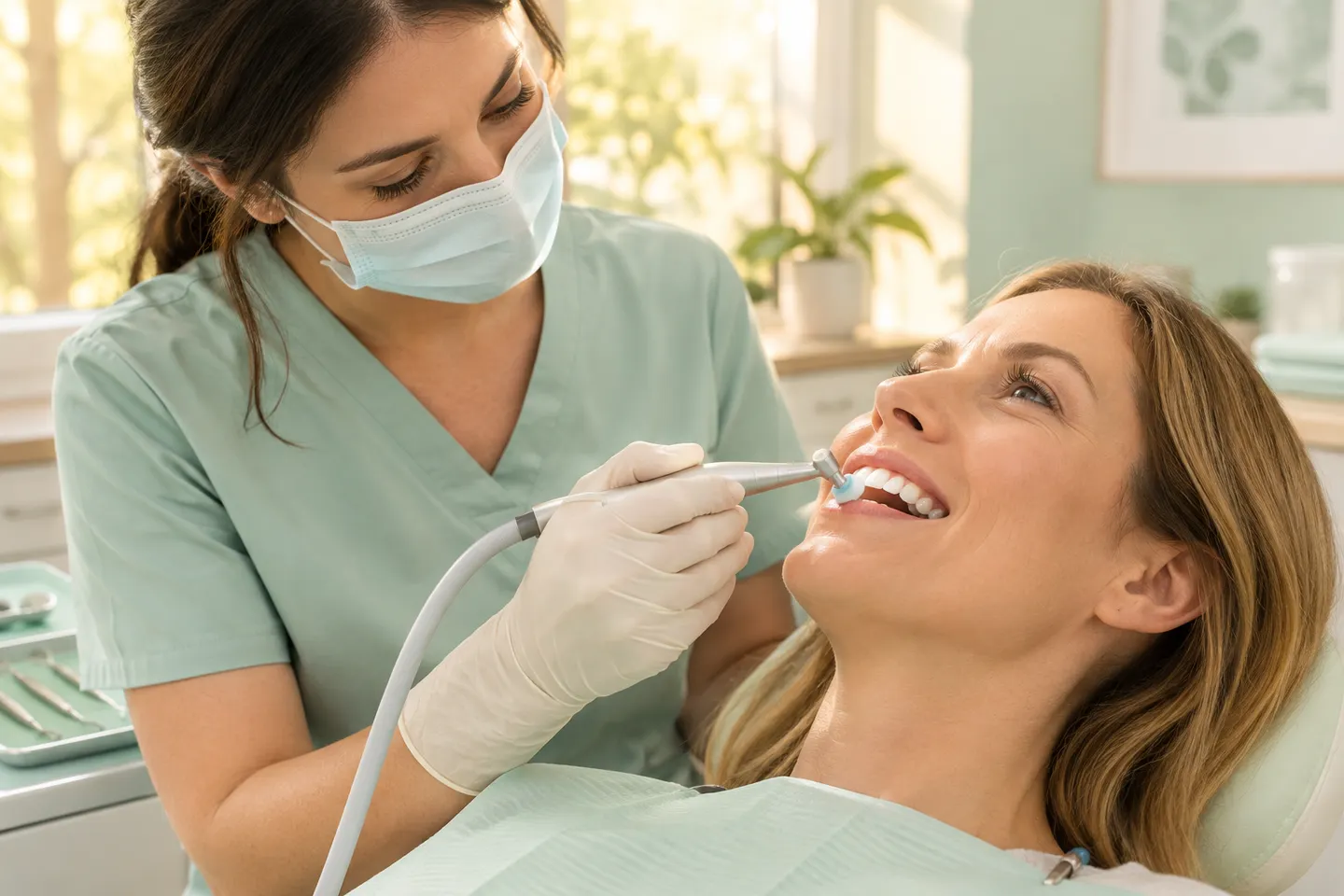 Hygienist gently polishing a teenager’s teeth during a cleaning