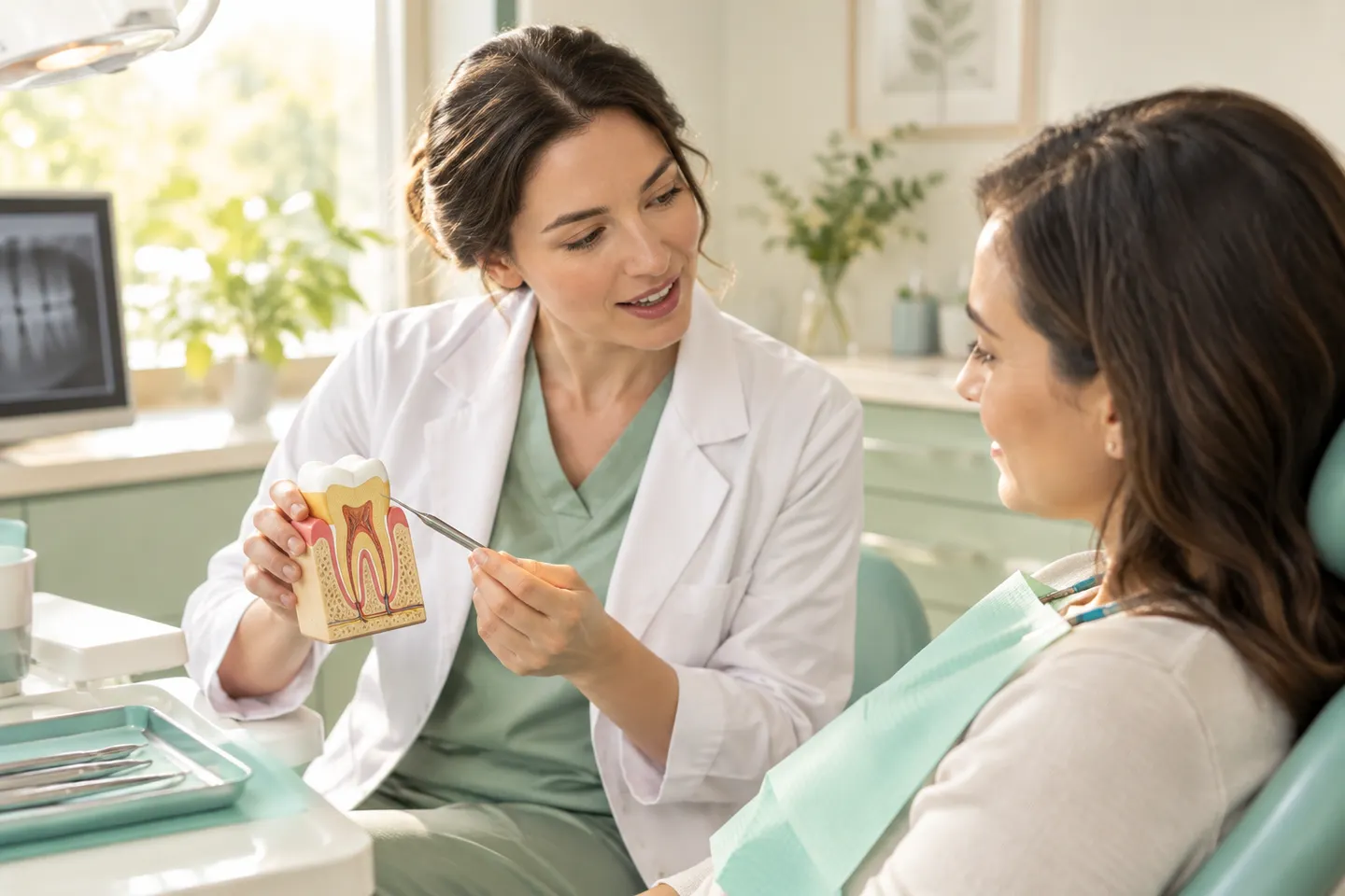 Illustrative image: Dentist explaining aftercare instructions to a parent and child after an extraction